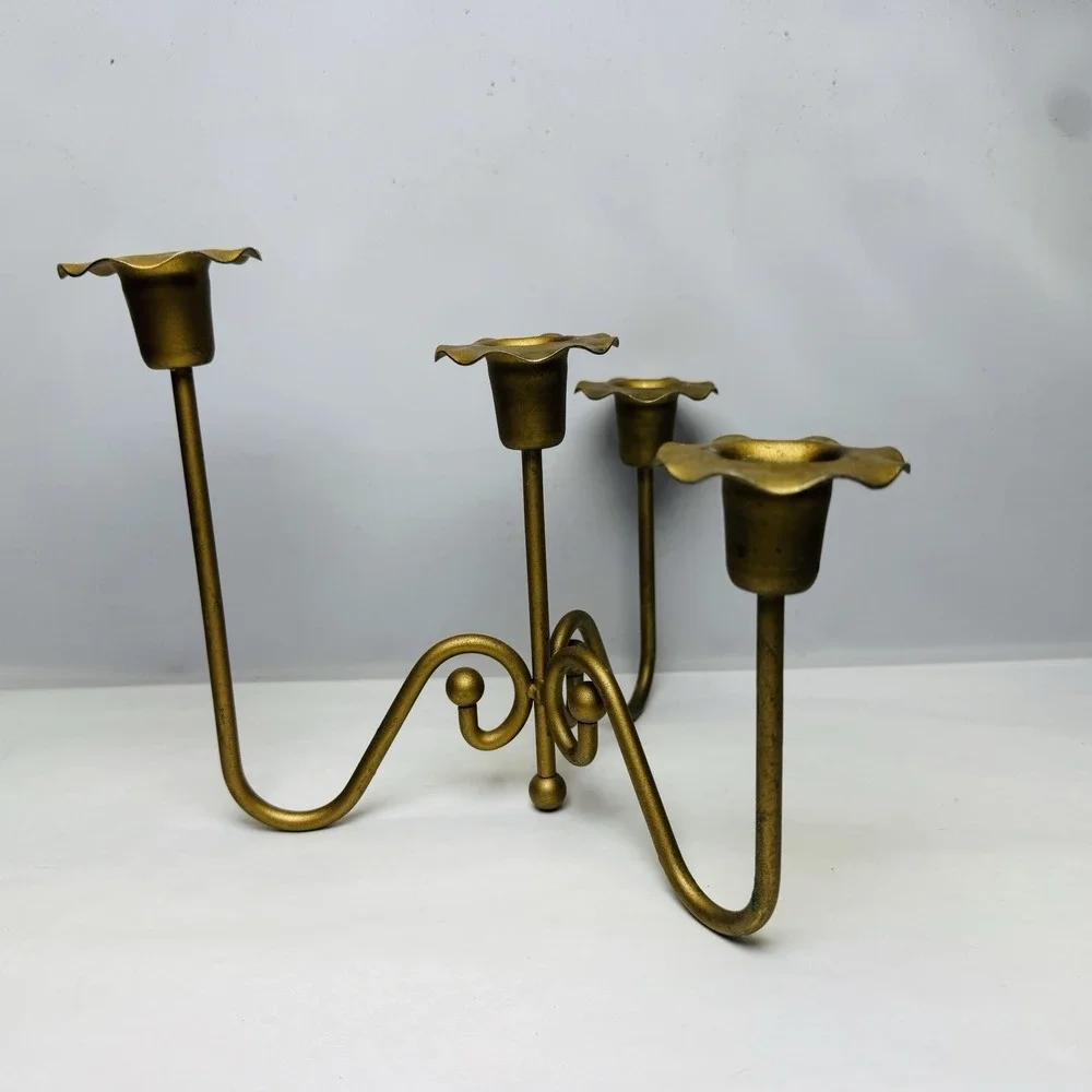 Vintage Brass Gold Tone Candle Holder Mid Century‎ Modern MCM 3 Arm Candelabra